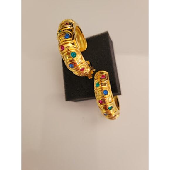 Swarovski Hoop Earrings Gold Plated with Jewel Tone Crystals Clip On Swan Signed - Picture 6 of 9